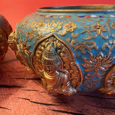 A very fine pair of Sino-Tibetan champleve gilt bronze alms bowls, 19th century
