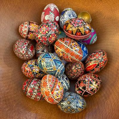 a large selection of hand decorated blown eggs