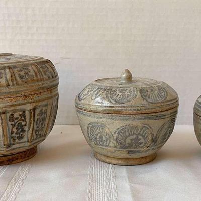 3 Antique Asian Pottery Round Boxes