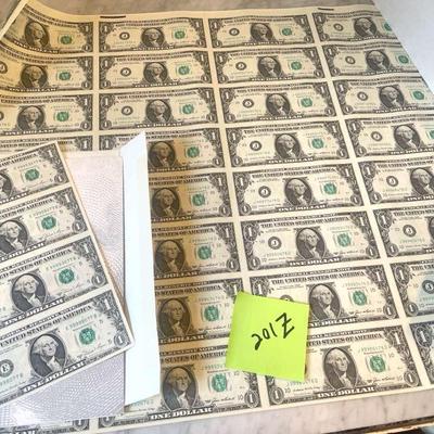 Uncut Rolled Sheet Of One Dollar Bills And A Small Uncut Sheet Of One Dollar Bills