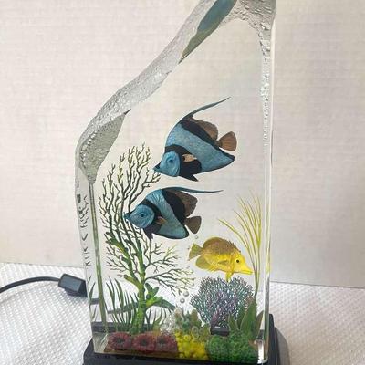 Reverse Carved Acrylic Sculpture by Gilles Peltier Featuring Fish