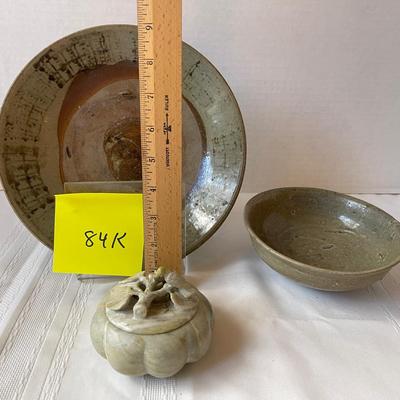 2 Antique Asian Pottery Pieces And A Vintage Carved Stone Box