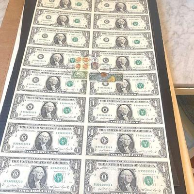 Uncut Sheet Of One Dollar Bills With Special Stamps From The Same Year Attached