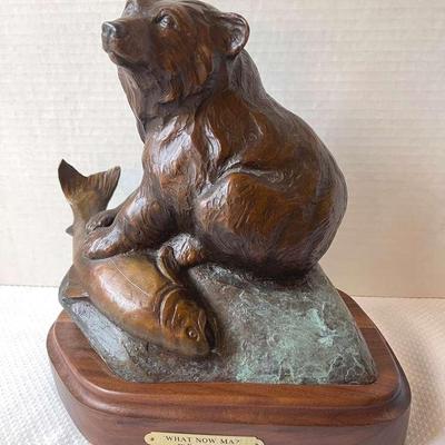 Bronze Sculpture of Bear and Fish by Dave Hodges Titled "What Now, Ma?" 