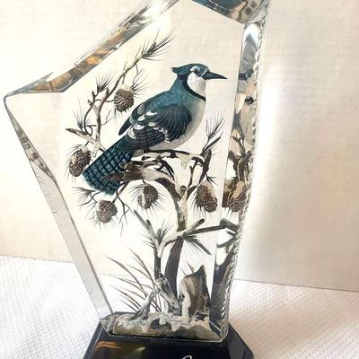 Reverse Carved Acrylic Sculpture by Gilles Peltier Featuring A Blue Jay