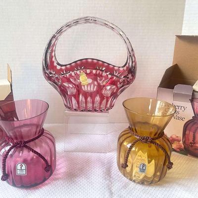 German Cut To Clear Crystal Basket And 2 Pilgrim Glass "Sac" Vases