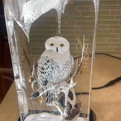 Reverse Carved Acrylic Sculpture by Gilles Peltier Featuring A Snowy Owl