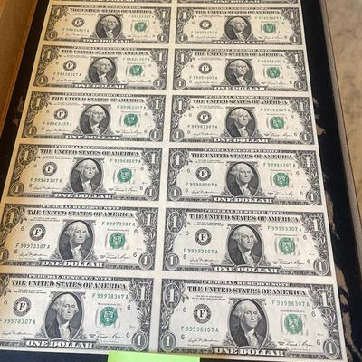 Uncut Sheet Of One Dollar Bills