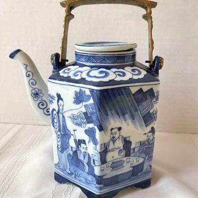 Blue And White Asian Teapot With Brass Handle