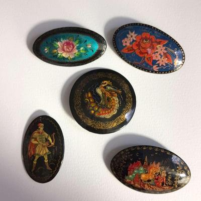 Wooden Lacquer Brooches ( 2 Signed Possibly Russian)