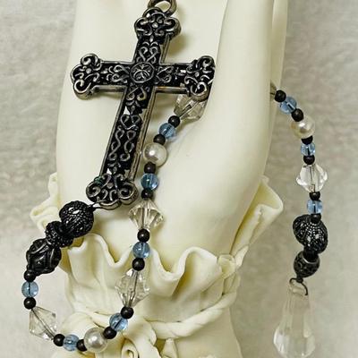 Silver-tone Rosary Style Cross Pendant