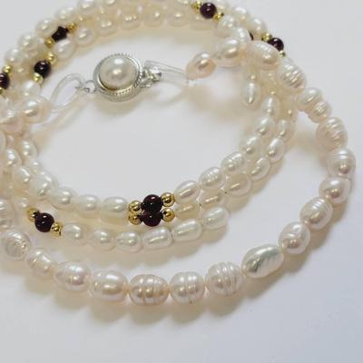 Real Pearl Bracelets Wrap and Clasp with Garnet Accents