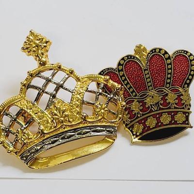 2 Pc Crown Pins Regal Enamel Silver Tone and Gold Tone Brooches