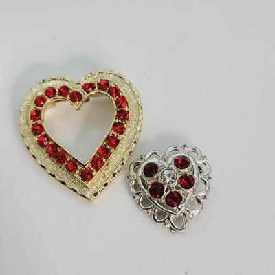 Red Rhinestone and Gold and Silver Tone Heart Pins Brooches