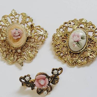 3 Pc Floral Roses & Gold Tone Romantic Pin Brooch Lot
