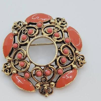 Chinese Filigree Style Pin with Orange Enamel Details