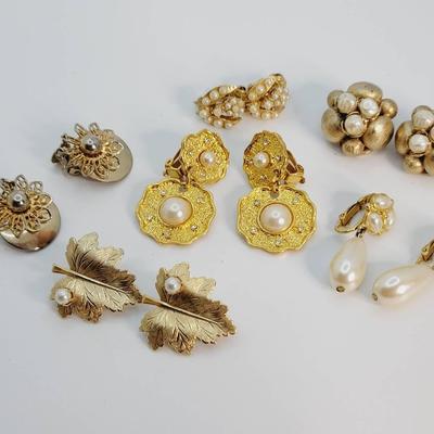6 Pc Vintage Faux Pearl & Gold Tone Earrings with Rhinestone Details