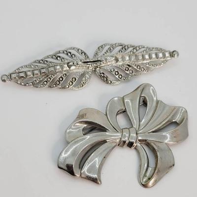 Bar and Bow Large Silver Tone Pins Brooches