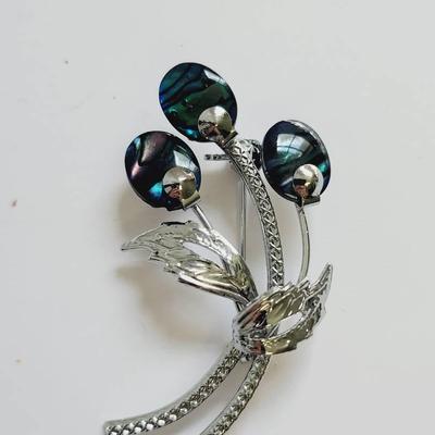 Abalone Slice Silver Tone Floral Pin Brooch
