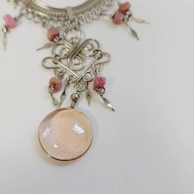 Pink Silver Tone Glass and Dyed Stone Boho Necklace 