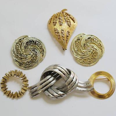 6 Pc Mid Century Pin Brooch Lot Gold & Silver Tone 