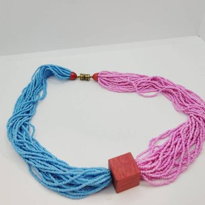 80s Blue Pink Collar Necklace Glass Beads with Wood Focal Bead