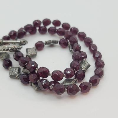Faceted Red Bead Necklace with Silver Tone Accents