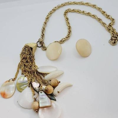 Mother of Pearl Tassel Necklace and Earrings Gold Tone 