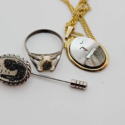 3 Pc Bone and Mother of Pearl Inlay Maritime Jewelry Featuring Lighthouse and Ships