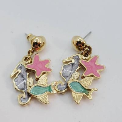 Enamel Under the Sea Oceanic Earrings Gold Tone Vintage