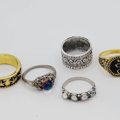 5 Pc Mystic Gold & Silver Tone Costume Rings Mixed Sizes