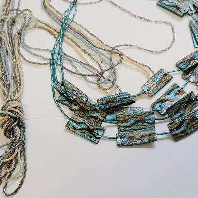 Coordinating Shell and Glass Beaded Necklace Blue and Pink