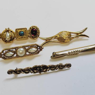Gold Tone Vintage Bar Pins Rhinestone and Faux Pearl