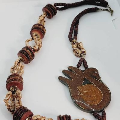 Coconut Shell Coir and Seashell Beaded Necklace with Swan Focal Bead