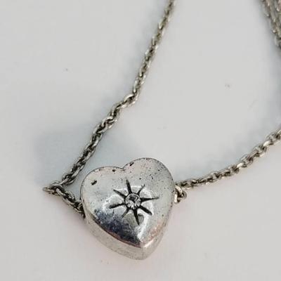 Fossil Heart Slide Silver Tone Necklace with Rhinestone Detail 