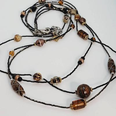 Chicos Long Brown Golden Black Glass Bead Necklace 