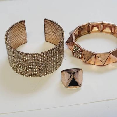 3 Pc Copper Tone Jewelry with Rhinestone and Enamel Accents