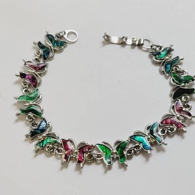 Abalone Slices with Dyed Shell Inlay - Butterfly Bracelet -Silver Tone 