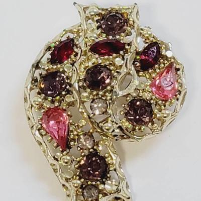 Pink Purple Rhinestone Vintage Ribbon Brooch Pin