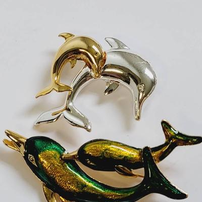 2 Pc Dolphin Pins Gold Silver Tone and Enamel