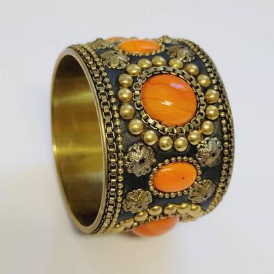 70s Orange and Brass Wide Detailed Bracelet 