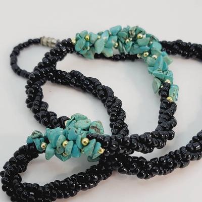 Turquoise and Gold Tone Black Glass Twisted Strand Necklace 