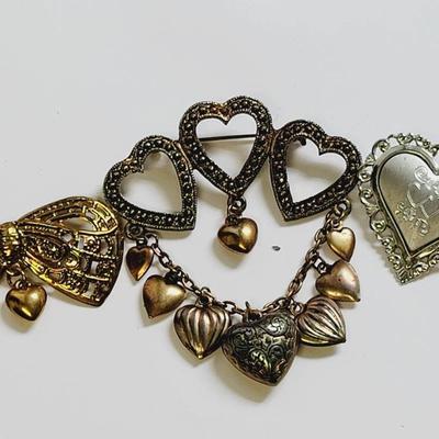 3 Pc Heart Pins Romantic Brooch Lot Silver & Gold Tone 
