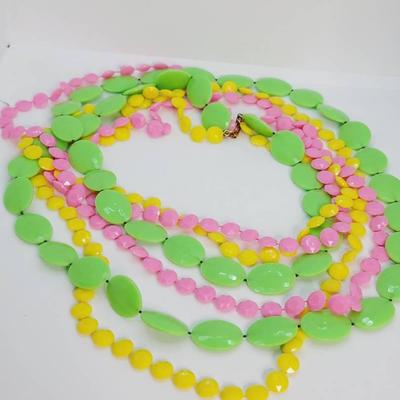 Vibrant 3 Strand Green Pink and Yellow Molded Plastic Necklace 