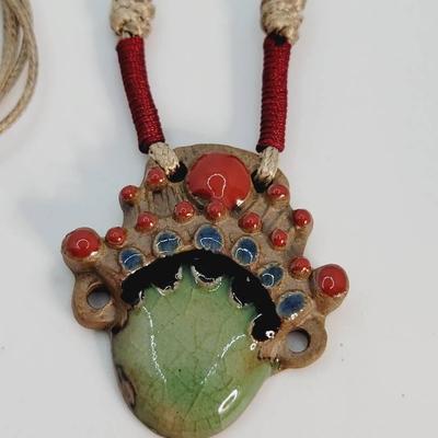 Handmade Glazed Ceramic Face with Headdress Pendant Necklace 