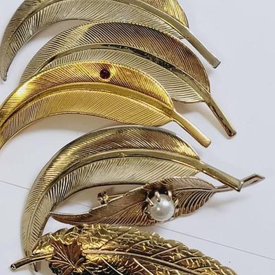 Leaf and Feather Pins Gold Tone Vintage Brooches
