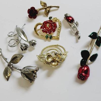 7 Pc Rose & Floral Flower Pin Lot - Enamel Gold and Silver Tone 