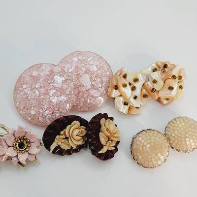 5 Pr Pink and Floral Vintage Clip Earrings Coro and Other 
