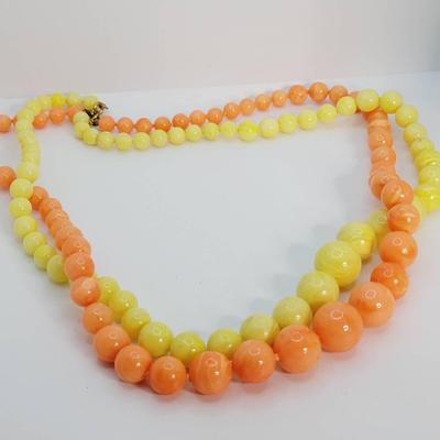 Neon Marbelized Graduated Bead Necklaces Orange Yellow Vintage 