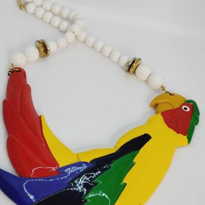 Enormous Parrot Necklace - Bird is Carved Wood and Hand-painted